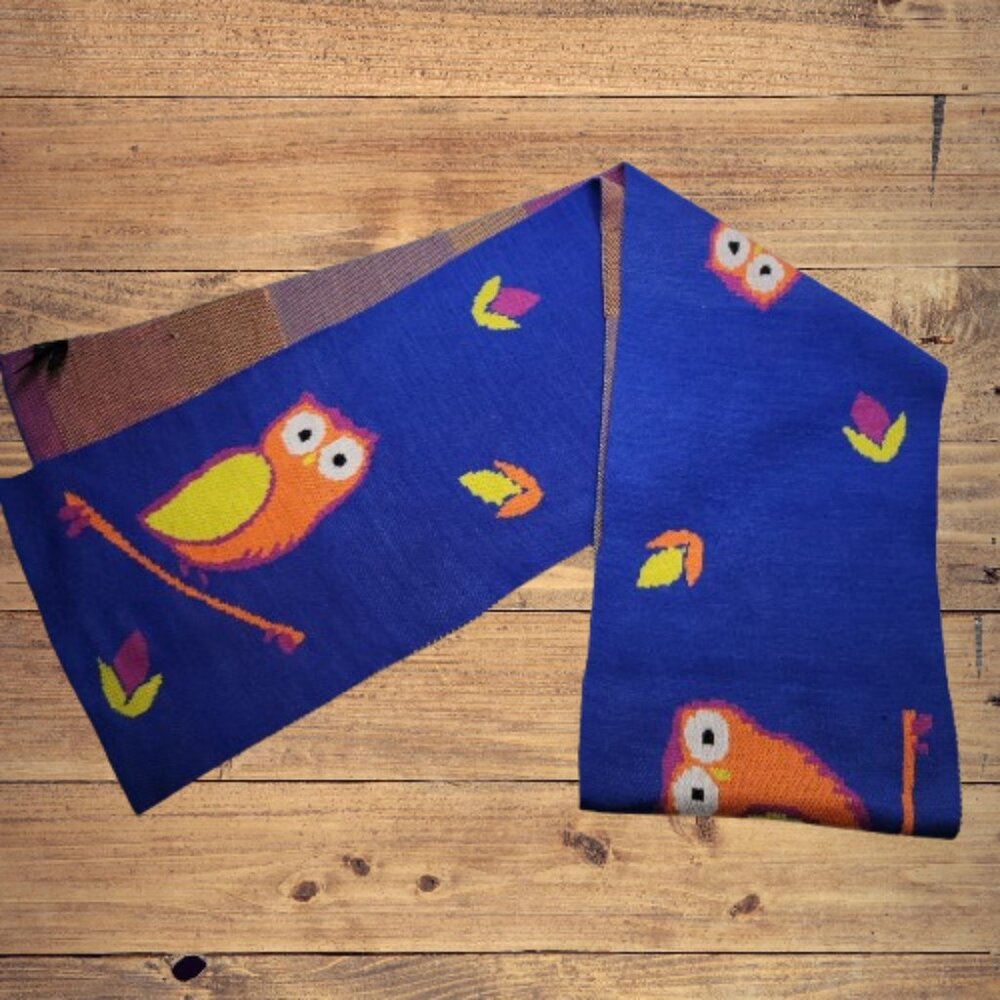 Tarnish from Nordstrom Blue Owl Scarf Owls and Flowers 100% Acrylic 74"x9"
